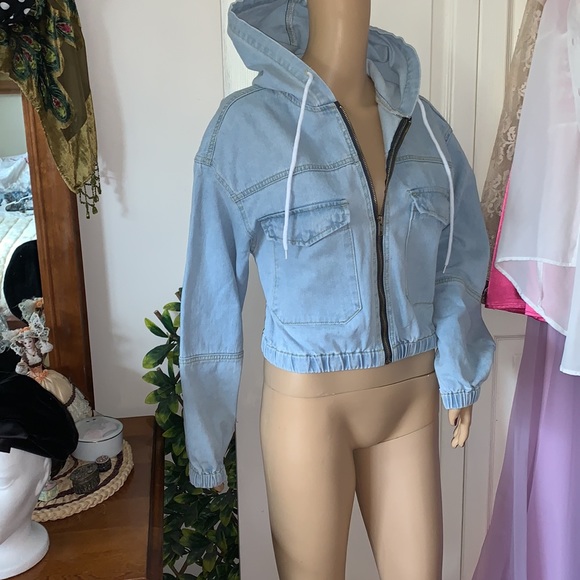 Hooded denim jean jacket with pockets size S M - Picture 5 of 8